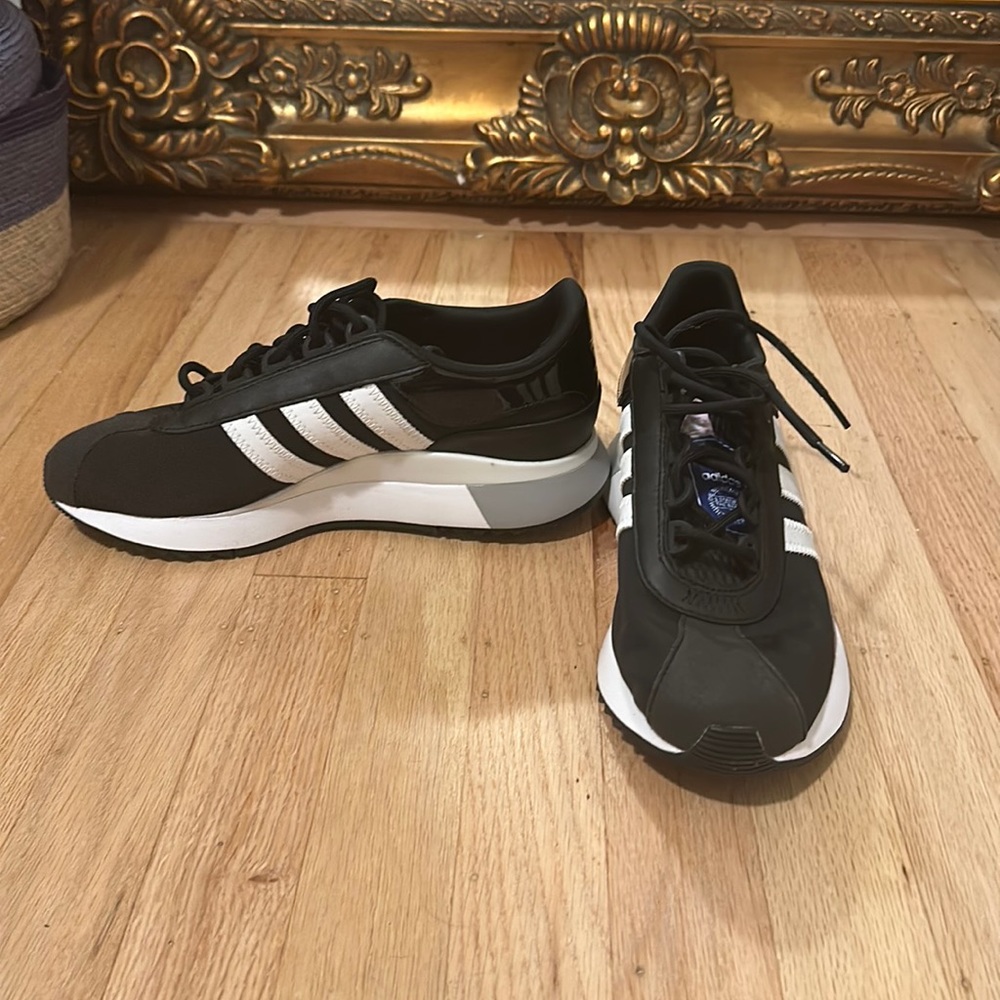 New black Adidas with patent leather details